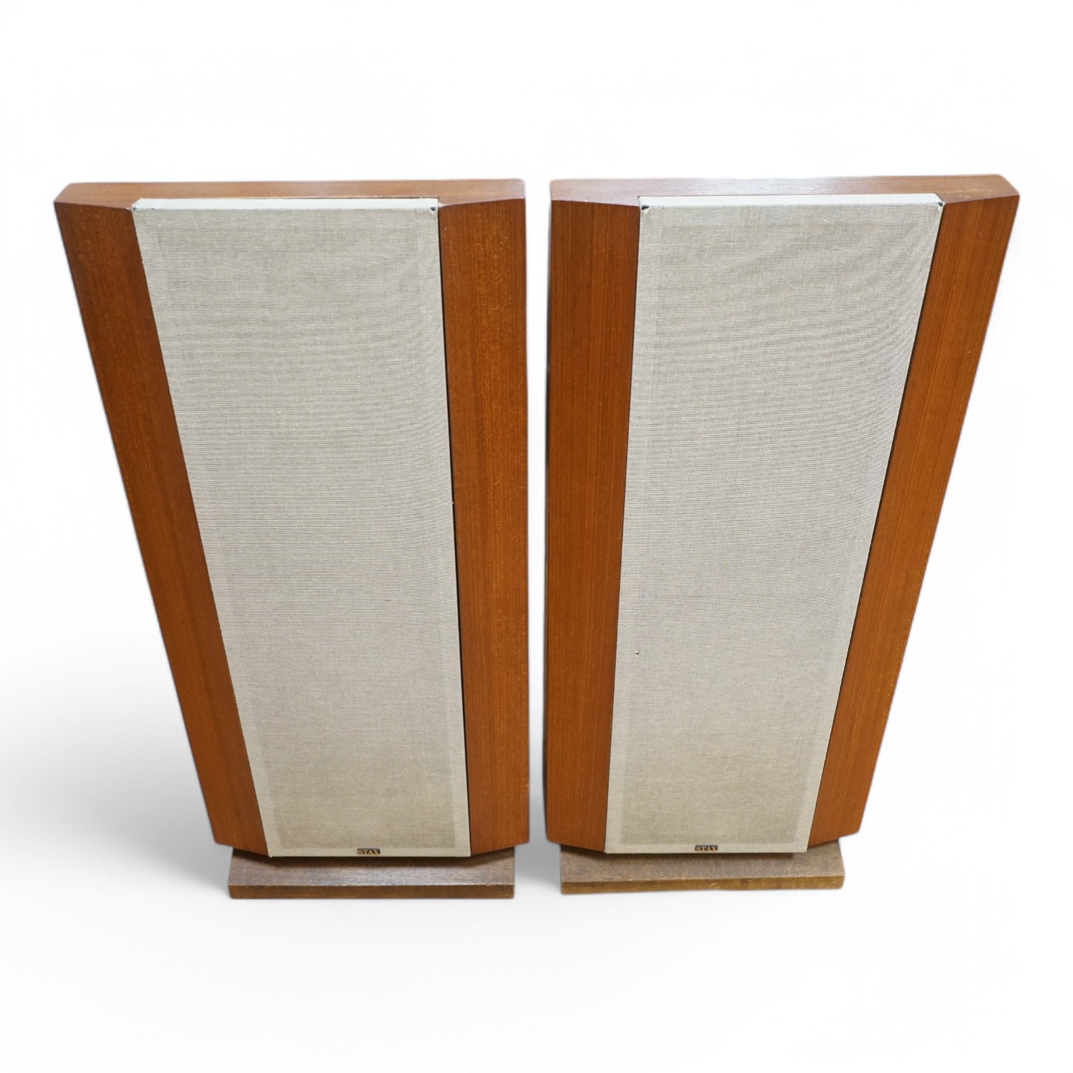 A pair of floor standing Stax ELS-F81 Electrostatic Stereo speakers, 102cm high. Condition - fair, some wear to fabric speaker covers, sold untested.